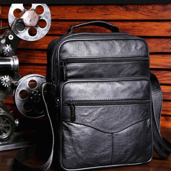 Black Italian Leather Hand Tooled Messenger Bag